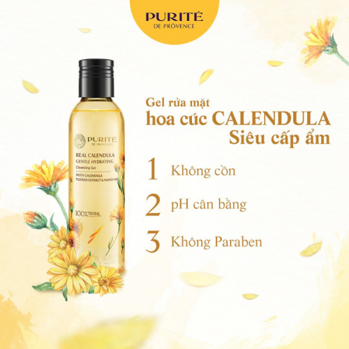 Gel Rửa Mặt Purité Dưỡng Ẩm Hoa Cúc Calendula được chiết xuất từ hoa cúc Calendula Pháp nổi tiếng trong ngành làm đẹp nhờ đặc tính dưỡng ẩm và làm dịu mà không gây bít da