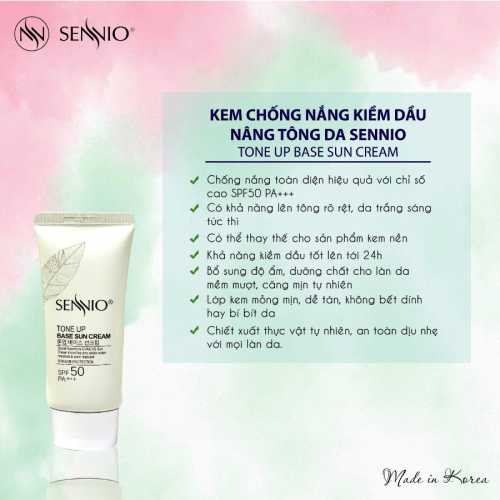 Kem chống nắng Sennio trắng da kiềm dầu, nâng tone da – Sennio Tone Up Base Sun Cream SPF 50 PA +++